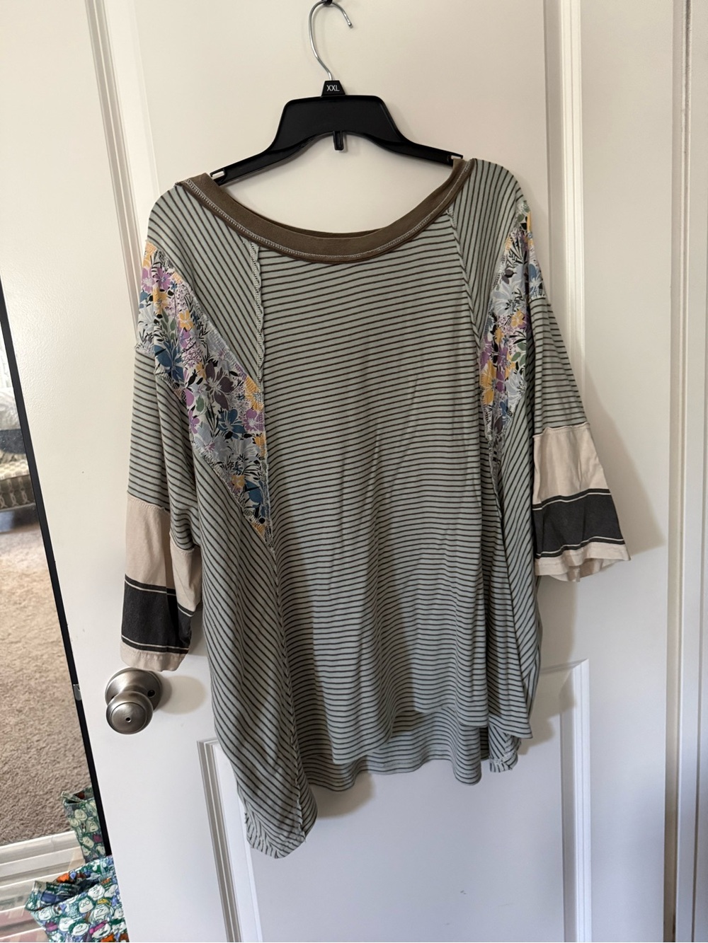 Three Bird Nest Sage Green Striped Tunic with Floral Shoulder Panels 3/4 sleeve